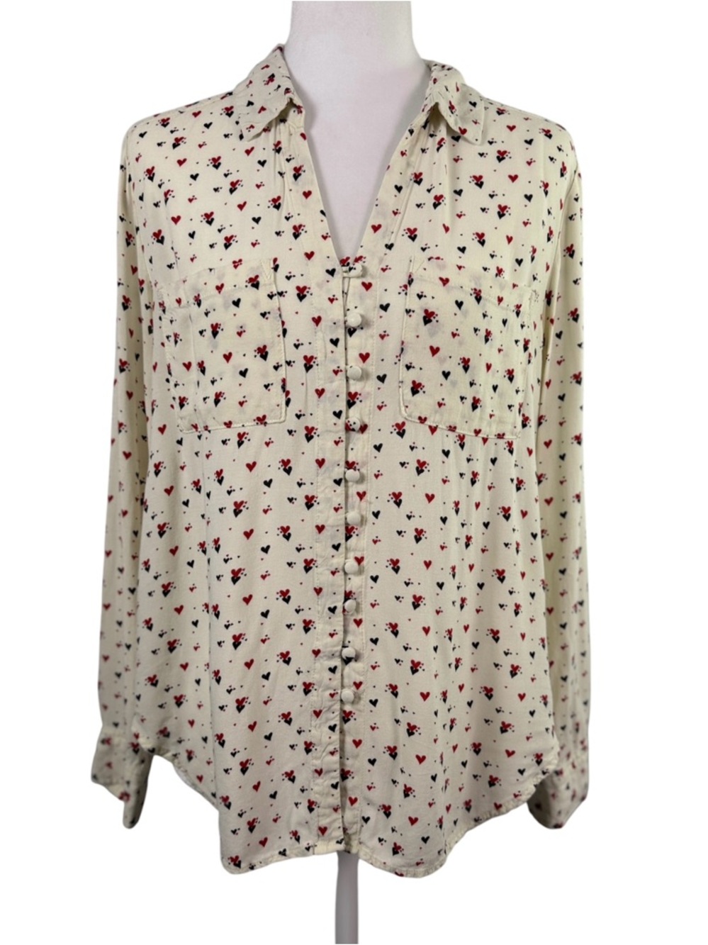 Velvet Heart Button-Up Shirt, Cream with Red & Black Hearts, Size M
